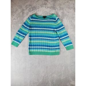 Lauren Ralph Lauren Sweater Women L Multicolor Striped Cable Knit 3/4 Sleeve